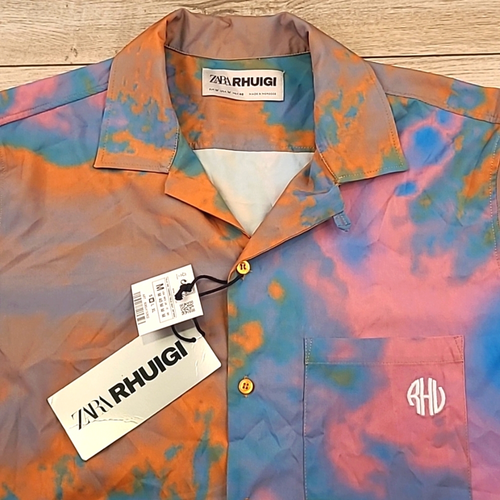 ZARA x RHUIGI Multicolor Tie Dye Embroidered M Button Up Short Sleeve Shirt NEW
